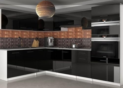 NAKA Eckküche L-Form Küchenschrank-Set 420cm Küchenzeile Arbeitsplatte Küchenblock 3X Küchenunterschrank 6X Hängeschrank 1x Spülenunterschrank 1x Hochschrank Schwarz