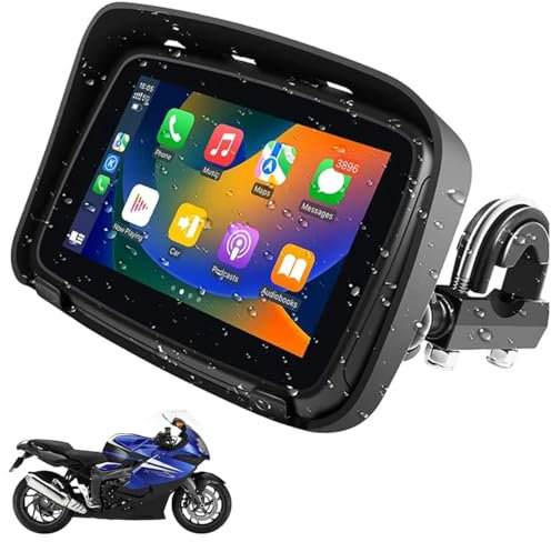 Portable Wireless Carplay Android Auto GPS Screen for Motorcycle, 5 IPS Touch Screen Monitor for Motorbike, IPX7 Waterproof,Dual Bluetooth, Support Siri, Google Assistant and Bluetooth Headset/Helmet