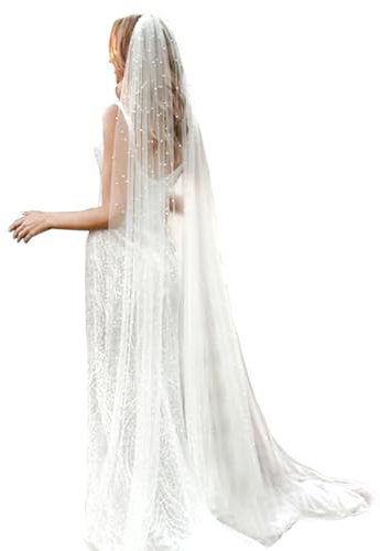 chrumeshi Langer Brautschleier für Hochzeit, Perle, Kapelle, Schleier für Damen, mit Kamm, Weiss/opulenter Garten, 63 * 118(inch)