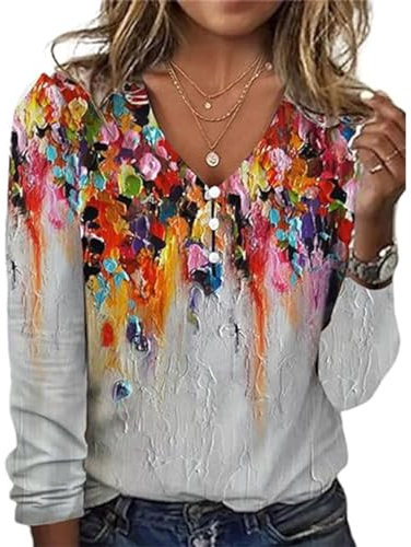 GRMLRPT Langarmshirts Damen Tops Langarm Frühlingblusen V-Ausschnitt T-Shirts Tunika Oberteile Bedruckte Bluse Elegant Lässige Hemd (Grau,L)
