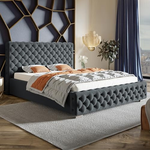 MOTIVENA Adelle Chesterfield Bett 180x200 Grau Samt, mit Stauraum, mit Kopfteil, mit Lattenrost, mit Füßen, ohne Matratze, Chesterfield Polsterbett 180x200 mit Bettkasten Grau (Anthrazit)