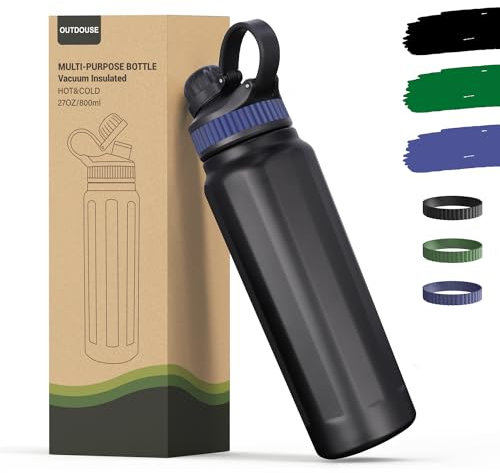 Stainless Steel Water Bottle, Insulated Water Bottles-500ML/800ML, Thermal Bottle Cold Drinks Water Bottle with Straw, 3 Silicone Straps, BPA-Free, Thermal Flask for Travel, Fitness, Sports(800ML)