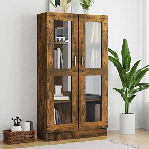 Keyroto Moderne Vitrine für Wohnzimmer, Vitrine aus Glas, Ausstellungsvitrine, moderner Schrank mit Vitrine, Bücherregal, Vitrine, Rauch-Eiche, 82,5 x 30,5 x 150 cm