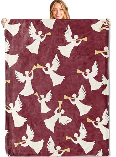 MIEPOS Cute Angel Throw Blanket - 50x60in,Ultra Soft, Cozy Lightweight Flannel,Elegant Trumpet Spiritual Red Blankets - Gifts for Kids Girls,for Couch Home Living Room Christmas Decor