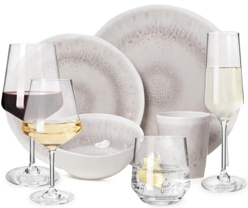 Melamin Camping Geschirr Set 4 Personen Amboss Design 16 Teilig + 16 Milano Gläser Wassergläser Weingläser Champagner-Gläser Flûtes Tafelgeschirr Picknick BBQ Kochgeschirr