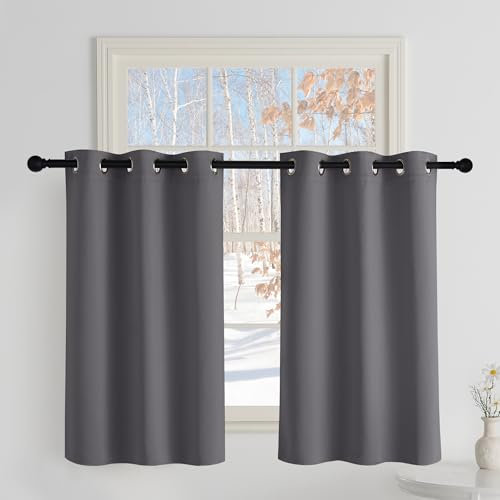 PONY DANCE Scheibengardine Küche 2er Set H 100 x B 90 cm Verdunklungsvorhänge mit Ösen Kurze Küchengardinen Graue Blickdichte Gardinen für Kleine Fenster