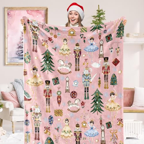 JarThenaAMCS Christmas Fuzzy Blanket Pink Nutcracker Throw Blanket 50 x 60 Inch Cartoon Xmas Flannel Blanket for Winter Home Chair Sofa Bed Couch