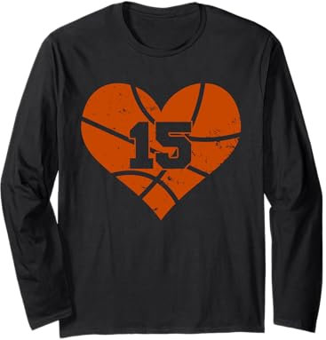 Basketball Number 15 Jersey Funny Basketball Heart Game Day Long Sleeve T-Shirt