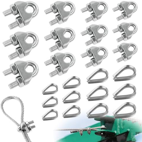 Morsetti Per Cavi Clip Per Funi Metalliche In Acciaio Inox 304, Connettori Per In Acciaio a Forma Di U Per Funi Metalliche, Cavi e Fili (12 Clip Per Funi Metalliche&12 Ditali Per Funi Metalliche)