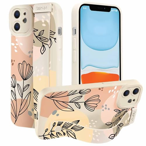 Foonary Geometric Black Phone Case for iPhone 11 6.1 with Wrist Strap Stand,Cute Aesthetic Patterns Cases, Hand Holder Protective Cover for Women Girls with Finger Grip,for iPhone 11