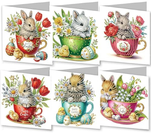 CXINLky 5D DIY Diamond Art Painting Karten Ostern, 2025 Neuheiten Diamond Art Painting Karten, 6 Stuck Diamond Art Karten Geburtstag, Osternkarte Feiertags für Familie,Freunde-01-Hase