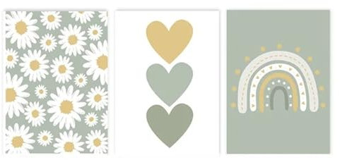 champracer 3er Set Poster Kinderzimmer Boho Gänseblümchen Regenbogen Wandbilder Deko Ohne Rahmen (21 * 30cm,grün)