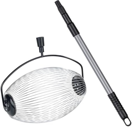 Maximex Outil de jardin à roulettes - Manche télescopique - Collecteur de fruits avec rayons en acier inoxydable - Pour le jardin - Noir, argent, gris, métal - 34 x 83-148 x 18,5 cm