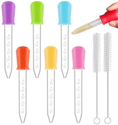Cjkoonsa Liquid Droppers 6 Pcs 5ml Silicone Liquid Droppers Clear Droppers Pipettes with 2Pcs Cleaning Brushes for Gummy Mold and Crafts