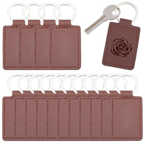 DICOSMETIC 16 pièces Porte Clés en Cuir PU 8.8cm Porte Clés Gravé au Laser Porte Clés Rectangle en PU avec Anneaux Porte Clés en Cuir Brun de Noix de Coco pour Cadeau DIY Accessoires