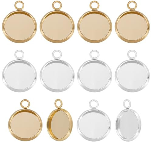 Beebeecraft 1Box 40 Stück Flacher Runder Charm 24 Karat Gold Und Sterlingsilber Plattiert 304 Edelstahl 12 Mm Anhänger Cabochon Einstellungen Für Die Schmuckherstellung Kamee Foto