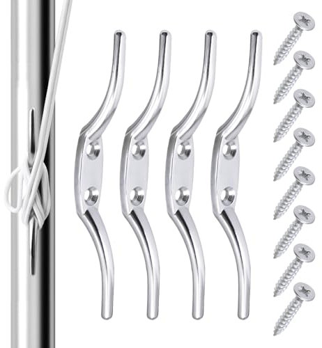 KIBBEH 4PCS 150mm Silver Marine Cleat Hooks - Extra Large Metal Rope Cleats for Boat, Dock, Kayak, Flagpole & Laundry Lines - Weatherproof Rust-Free Hooks with Easy Installation (Value Pack)