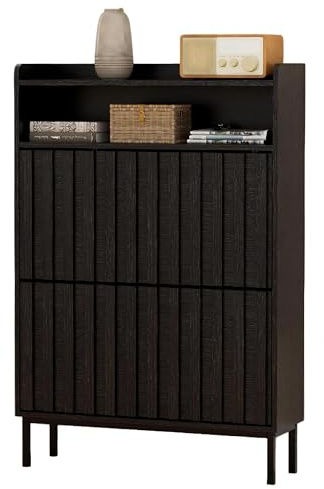UEV Schuhschrank mit 2 Klappen Schmal, Schuhkipper 80x24x117cm (Schwarz) | Schuhkommode mit Kippschutz, Verstellbare Trennwände für Verschiedene Schuhtypen, Schuhaufbewahrung für Flur Wohnzimmer