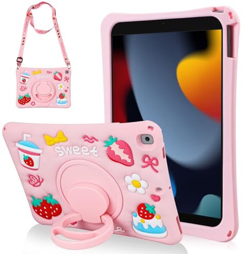 Vunake for iPad 9th/8th/7th Generation Case 10.2 inch,Soft Silicone Shockproof Cover with 360 Rotating Stand Shoulder Strap for Kids Girls Cute Strawberry Cake Tablet Case for iPad 9/8/7 gen-Pink