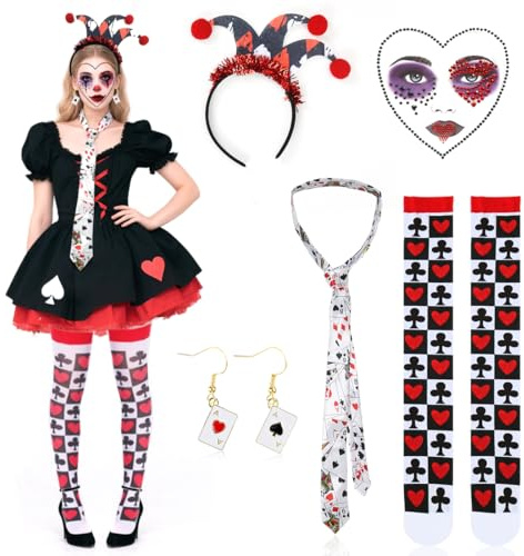 VerLuky Herzkönigin Kostüm Set Damen mit Pokerkarten Krawatte,Joker Haarband,Ohrringe,Halterlose Strümpfe und Gesicht Strass,Casino Kostüm Damen,Spielkarten Accessoire für Karneval Halloween Party