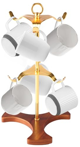 Tassenhalter,Y-förmiger Kaffeetassenhalter mit Holzsockel und 6 Haken, rutschfest, dekorative Kaffeetassenständer für Arbeitsplatte, Tassenaufhänger für Aufbewahrung und Organisation in Küche(Golden)