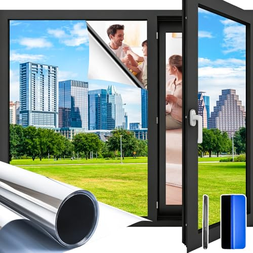 Snugfolk Fensterfolie Blickdicht von Außen – Spiegelfolie Fenster mit Sonnenschutz & Hitzeschutz, UV Folie Fenster für Innen, Einseitiger Sichtschutz, Selbstklebend Silber 44.5 x 200cm