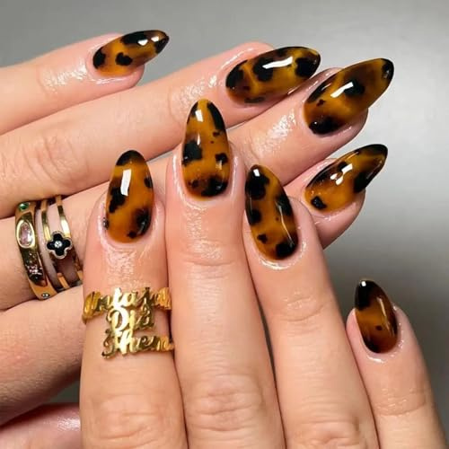 Aribliseza Press On Nails, 24 Stück Leopard Print Mittellange Almond Fake Nägel, Glänzende Vollabdeckung Gel Nägel, Acryl Künstliche Nägel für Herbst und Winter, Nails zum Aufkleben