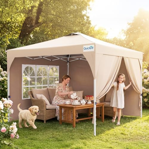 Quictent Pavillon 3x3m Faltpavillon EIN-Tasten-Zentralverriegelung, Gartenpavillon Partyzelt Gartenzelt, mit 3 abnehmbaren Fensterseiten, wasserdicht, Tragetasche,Beige