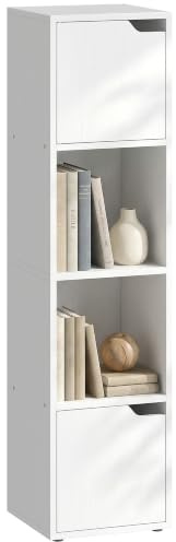 HOMCOM Libreria con 2 Armadietti e Ante, Scaffale a 4 Ripiani, Bianco | Mobile Libreria con Ripiani Aperti, Design Antiribaltamento, per Soggiorno, Camera da Letto, Ufficio