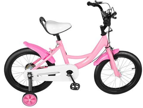 Guoked 16 Zoll Kinderfahrrad, Kohlenstoffstahl Rosa Höhenverstellbar Kinderrad Fahrrad Jugendfahrrad mit Schutzblech Abnehmbare Stützräder Vorderradbremse Hinterradbremse für 4-8 Jahre Jungen Mädchen