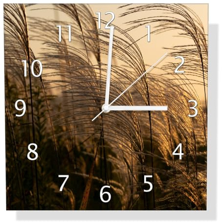 Wallario Design-Wanduhr Schilf im Wind aus Glas, Motiv-Uhr Größe 30 x 30 cm, weiße Zeiger
