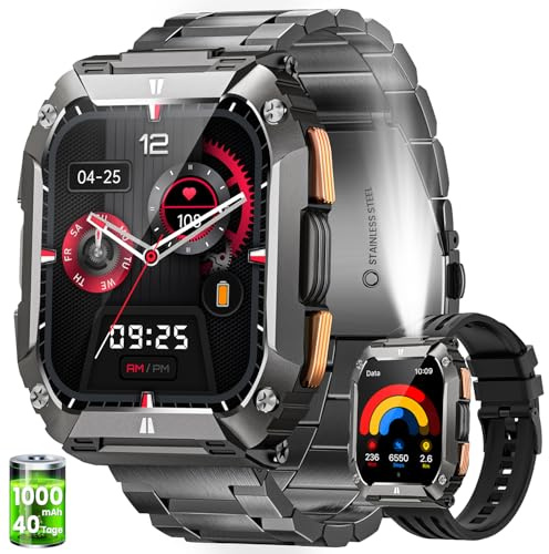 AIMIUVEI Montre Connectée Homme Militaire avec 1000 mAh Batterie et Lampe, 2,01 HD Smartwatch Homme avec Appel, 100+ Modes Sportifs, 24H Fréquence Cardiaque, Sommeil, 5ATM Étanche, Android iOS, Noir