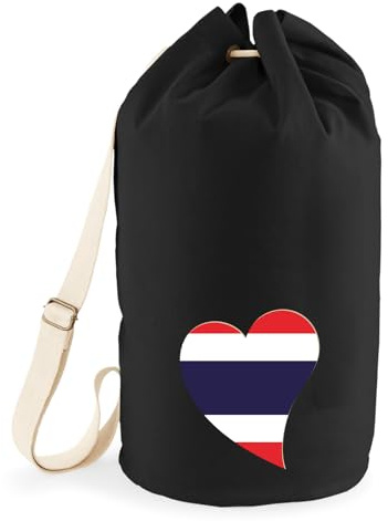 Huuraa Seesack Thailand Flagge Herz Geschenk | Tasche 20 Liter Strandtasche Black Baumwolle Rucksack Geschenkidee Schwarze Sporttasche Duffle Bag mit Kordelzug Verschluss