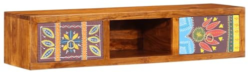 Runheo Meuble TV mural en bois d'acacia massif multicolore 100 x 30 x 22 cm avec 2 tiroirs, espace de rangement et montage mural pour salon, home cinéma, jeu, hifi et meuble TV