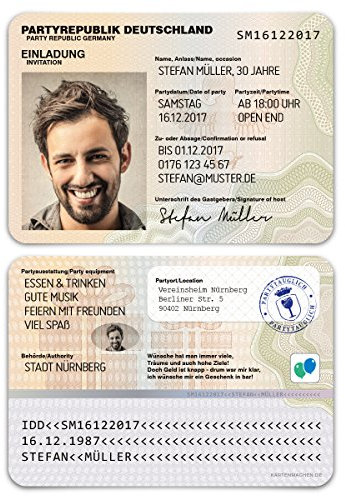 Geburtstag Einladungskarten (60 Stück) Personalausweis Perso mit Foto Pass Schein