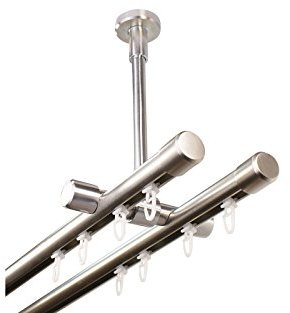 iso-design Gardinenstange Innenlauf 2-läufig Deckenmontage im Edelstahl Design 20 mm, großer Deckenabstand, Deckenhalter kürzbar, Endstück Kappe, 180 cm