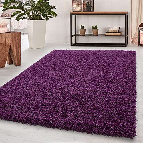 Teppium Hochflor Teppich Wohnzimmer Shaggy 160 x 230 cm Lila - Flauschiger Teppich Extra Weich, Waschbar und Modern Einfarbig Design - Langflor Teppich für Schlafzimmer, Esszimmer und Küche