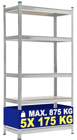 CLP Scaffale Magazzino Alta Portata 875 kg I Scaffale Robusto in Metallo Zincato 5 Ripiani Regolabili I Scaffalatura Garage da Muro, Colore:Argento, Dimensione:90x40x180 cm