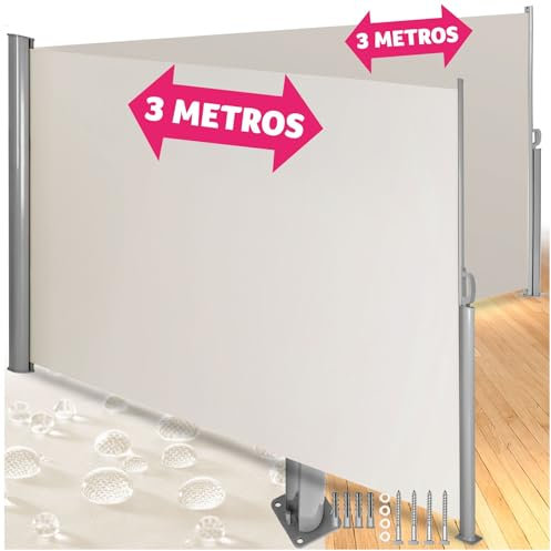 tectake® Toldo Lateral Retráctil, Separador de Ambientes Exterior, Tela Impermeable 220g/m², Protección Solar, Viento, Privacidad, Terraza, Biombo - 180x600 cm Beige
