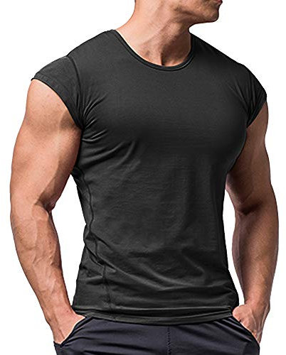 Herren Sportlich T-Shirts Tees Kurz Ärmel Bodybuilding Trainieren Ausbildung Fitness Tops Crew Hals Baumwolle Schwarz M