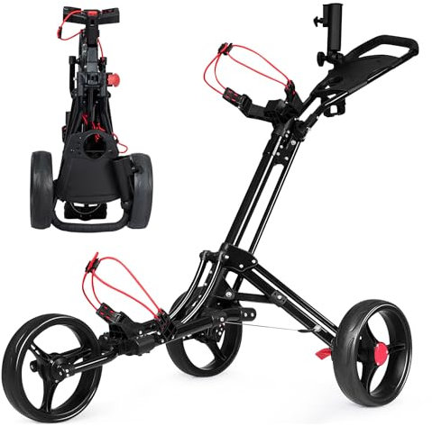 COSTWAY Chariot de Golf 3 Roues Pliable Noiravec Porte-Parapluie et Porte-Tee en Aluminium Frein au Pied et Poignée Rembourrée Ajustable
