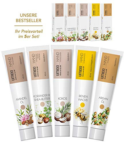 UMIDO 5 Stück Set Hand-Lotion Set 45 ml | 1x Mandelöl | 1x Koriander & Shea-Butter | 1x Kokos | 1x Bienenwachs | 1x Arganöl | Handcreme | Pflegecreme | Lotion | Handcreme Set