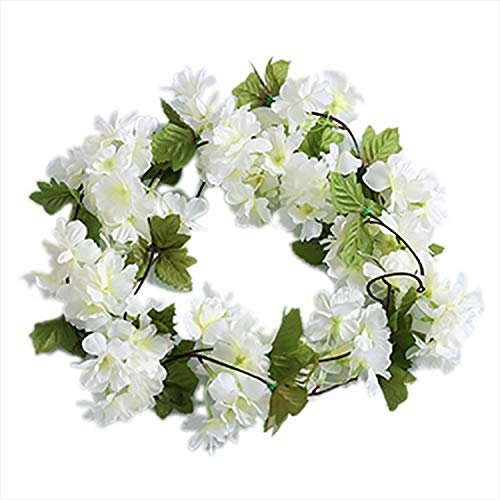 Riaxuebiy Pack of 4 Artificial Hydrangea Flowers Leaves Garland Fairy Lights 7.7 ft Cherry Blossom Hanging Vine Fairy Lights for Wedding Valentine's Day Home Garden Decor (White without LED)