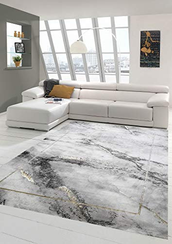 Teppich-Traum großer Designer Wohnzimmer Teppich | pflegeleicht | Marmor Muster grau Gold, Größe 240 x 340 cm
