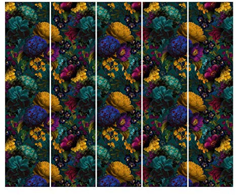 Schiebegardinen Set Gelbe Blüten mit Blauen Blumen vor Türkis 5 Flächenvorhänge 250 x 300cm Wandhalterung