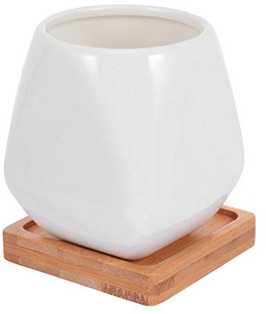 4 Pièces Céramique Succulentes Cactus Pot De Fleur avec Plateau en Bambou Mini Porcelaine Planteur pour Intérieur Extérieur Jardin Décoration de La Maison Style D