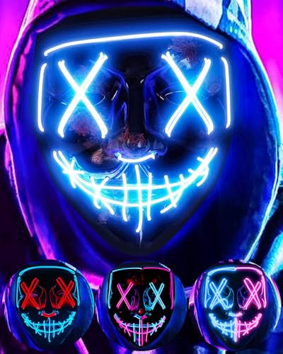 DWTECH LED-Halloween-Maske, EL-Draht, gruselige Maske für Maskerade, Cosplay, beleuchtete Gesichtsmaske für Kinder, Männer, Frauen, , Festival,Party (blau)