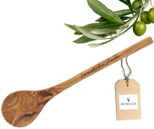 HOFMEISTER® Olivenholz Kochlöffel mit Gravur Name – personalisiertes Geschenk individueller Text - Küchenhelfer zum Kochen, Backen, Verschenken, 30 cm