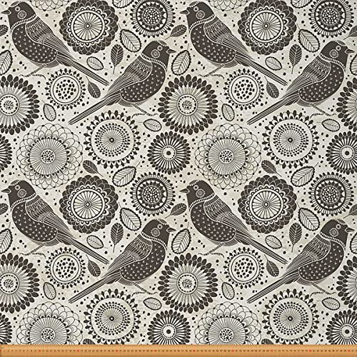 Loussiesd Vogel Polsterstoff für Stühle süße Vögel Blumenstoff Meterware Retro Stil Blumenkreismuster dekorativer Stoff für Polsterung und Heimwerkerprojekte DIY Stoff 276x150cm grau