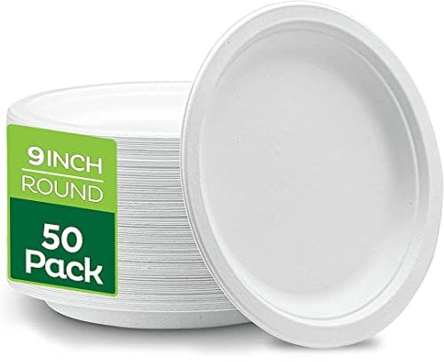 Super Rigid Disposable Plates (9 Inches) (Pack of 50) 100% Biodegradable, White Bagasse Paper Plates, Made of Sugarcane Fibers - Perfect for Picnics Parties